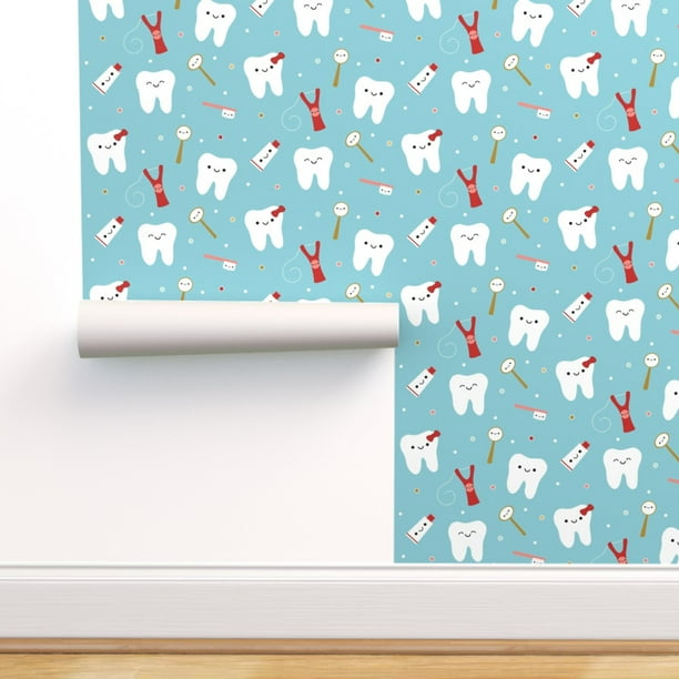 Repositionable FREE SHIPPING Wallpaper for Dentist Office Tooth Teeth Toothbrush Black and White Peel /& Stick Wallpaper